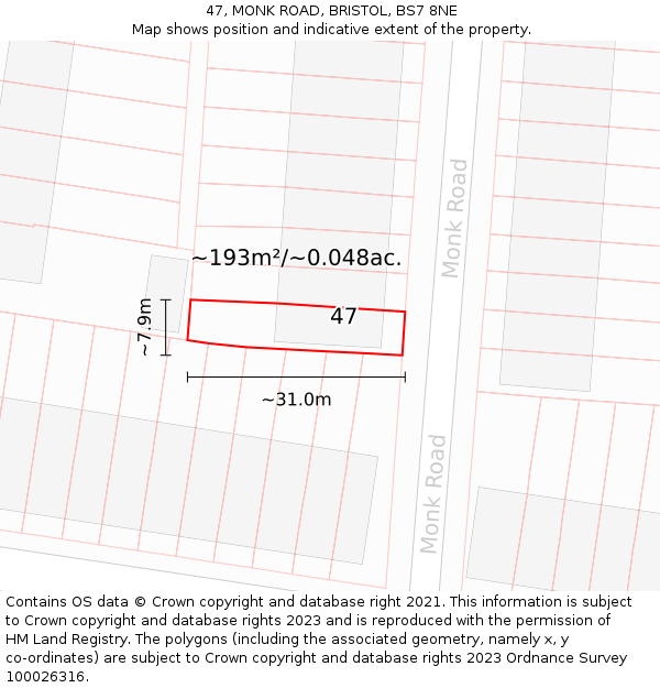 47, MONK ROAD, BRISTOL, BS7 8NE: Plot and title map