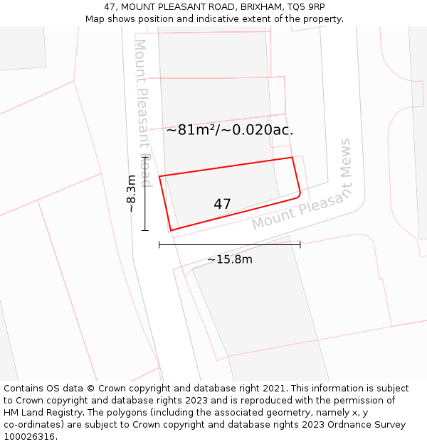 47, MOUNT PLEASANT ROAD, BRIXHAM, TQ5 9RP: Plot and title map