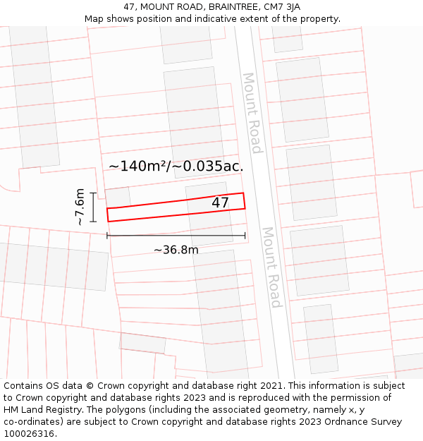47, MOUNT ROAD, BRAINTREE, CM7 3JA: Plot and title map