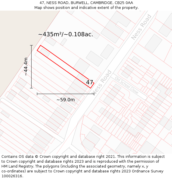 47, NESS ROAD, BURWELL, CAMBRIDGE, CB25 0AA: Plot and title map