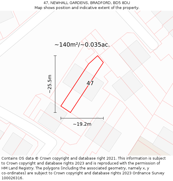 47, NEWHALL GARDENS, BRADFORD, BD5 8DU: Plot and title map