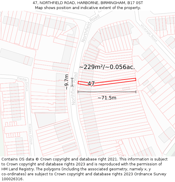 47, NORTHFIELD ROAD, HARBORNE, BIRMINGHAM, B17 0ST: Plot and title map