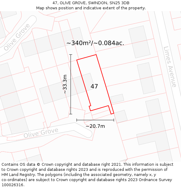 47, OLIVE GROVE, SWINDON, SN25 3DB: Plot and title map