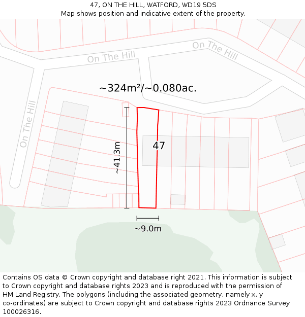 47, ON THE HILL, WATFORD, WD19 5DS: Plot and title map