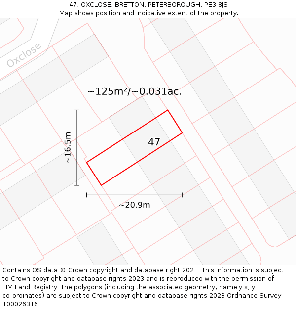 47, OXCLOSE, BRETTON, PETERBOROUGH, PE3 8JS: Plot and title map