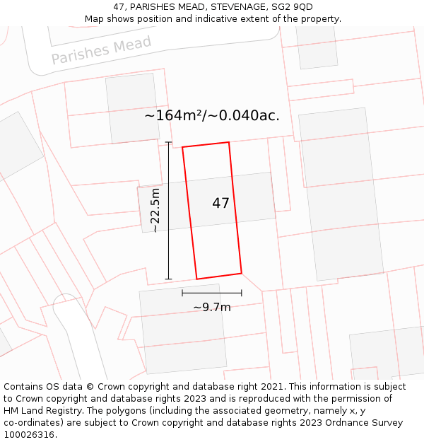 47, PARISHES MEAD, STEVENAGE, SG2 9QD: Plot and title map