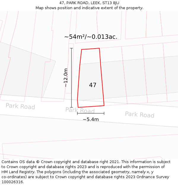 47, PARK ROAD, LEEK, ST13 8JU: Plot and title map
