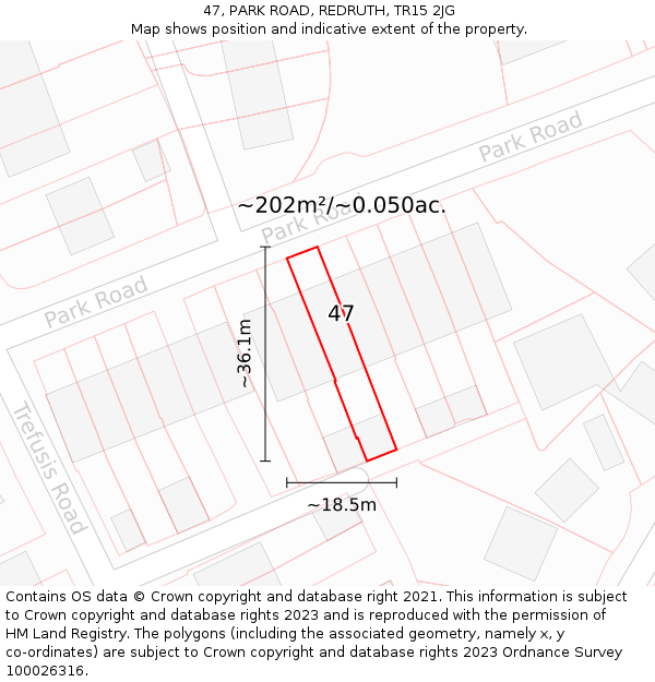 47, PARK ROAD, REDRUTH, TR15 2JG: Plot and title map