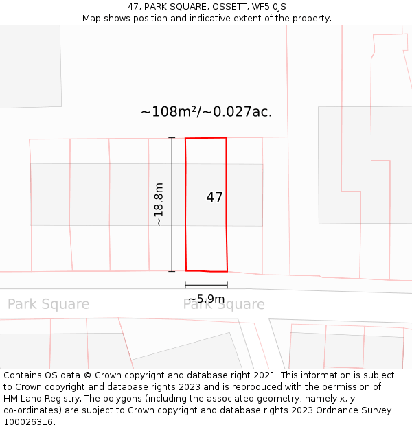 47, PARK SQUARE, OSSETT, WF5 0JS: Plot and title map