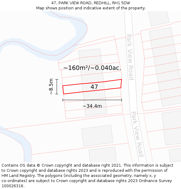 47, PARK VIEW ROAD, REDHILL, RH1 5DW: Plot and title map