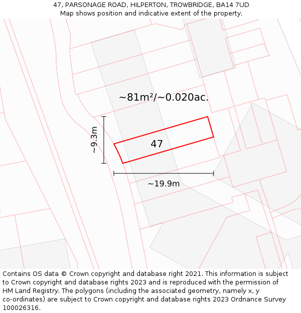 47, PARSONAGE ROAD, HILPERTON, TROWBRIDGE, BA14 7UD: Plot and title map