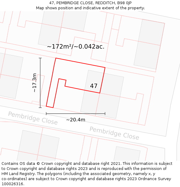 47, PEMBRIDGE CLOSE, REDDITCH, B98 0JP: Plot and title map