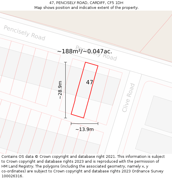 47, PENCISELY ROAD, CARDIFF, CF5 1DH: Plot and title map