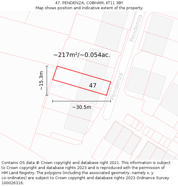 47, PENDENZA, COBHAM, KT11 3BY: Plot and title map