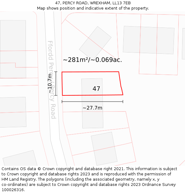 47, PERCY ROAD, WREXHAM, LL13 7EB: Plot and title map