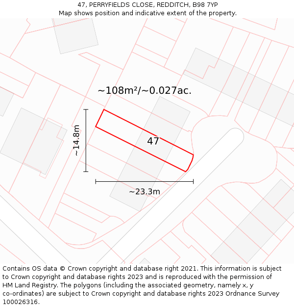 47, PERRYFIELDS CLOSE, REDDITCH, B98 7YP: Plot and title map