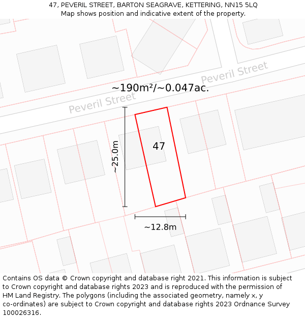 47, PEVERIL STREET, BARTON SEAGRAVE, KETTERING, NN15 5LQ: Plot and title map