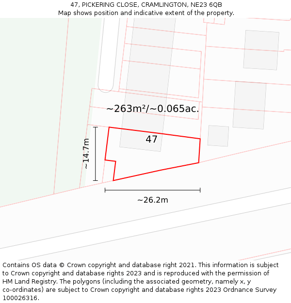 47, PICKERING CLOSE, CRAMLINGTON, NE23 6QB: Plot and title map