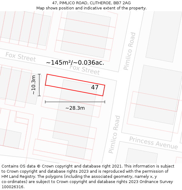 47, PIMLICO ROAD, CLITHEROE, BB7 2AG: Plot and title map