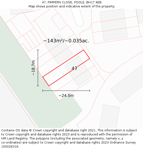 47, PIMPERN CLOSE, POOLE, BH17 9EB: Plot and title map