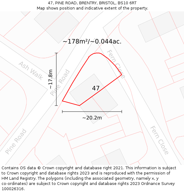 47, PINE ROAD, BRENTRY, BRISTOL, BS10 6RT: Plot and title map