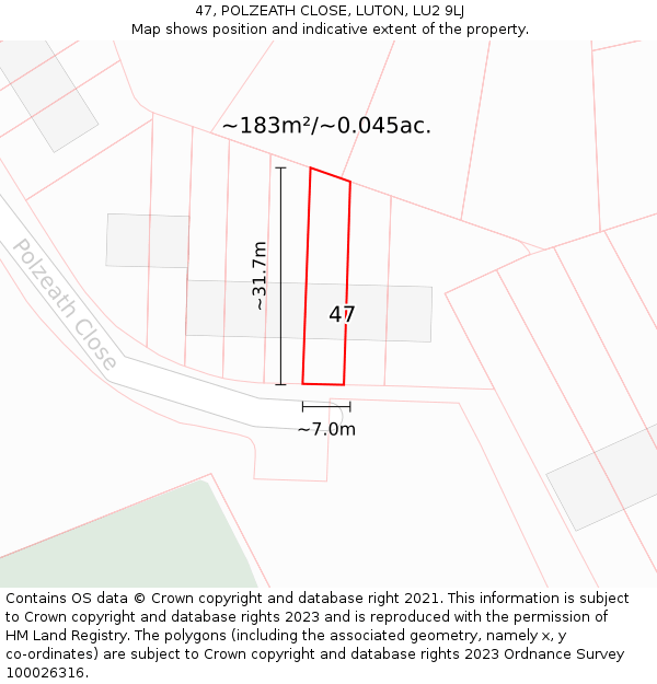 47, POLZEATH CLOSE, LUTON, LU2 9LJ: Plot and title map