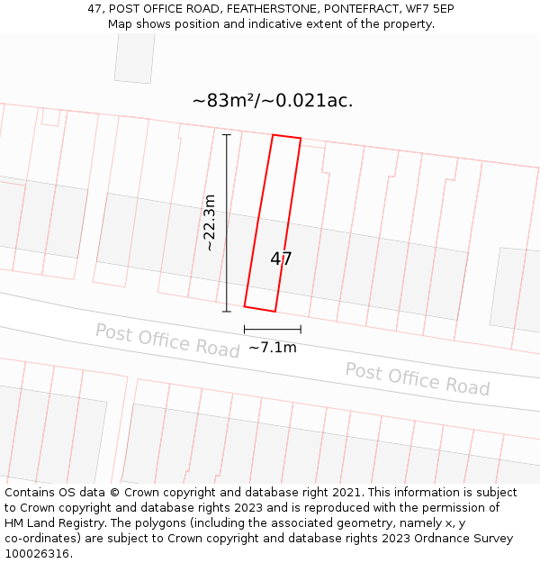 47, POST OFFICE ROAD, FEATHERSTONE, PONTEFRACT, WF7 5EP: Plot and title map
