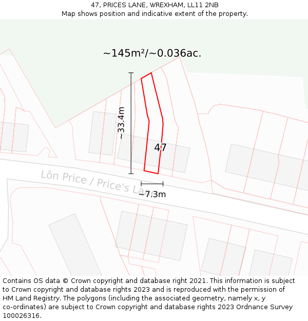 47, PRICES LANE, WREXHAM, LL11 2NB: Plot and title map
