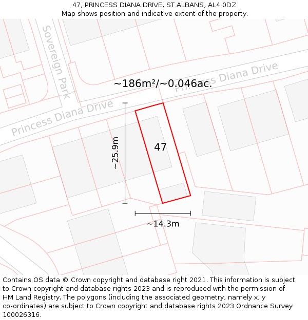 47, PRINCESS DIANA DRIVE, ST ALBANS, AL4 0DZ: Plot and title map
