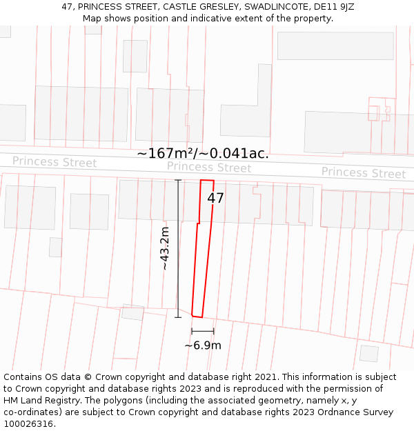 47, PRINCESS STREET, CASTLE GRESLEY, SWADLINCOTE, DE11 9JZ: Plot and title map