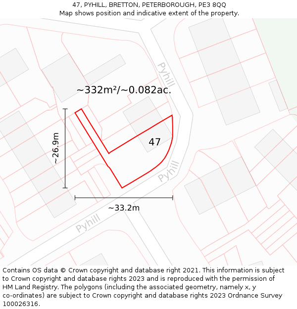 47, PYHILL, BRETTON, PETERBOROUGH, PE3 8QQ: Plot and title map