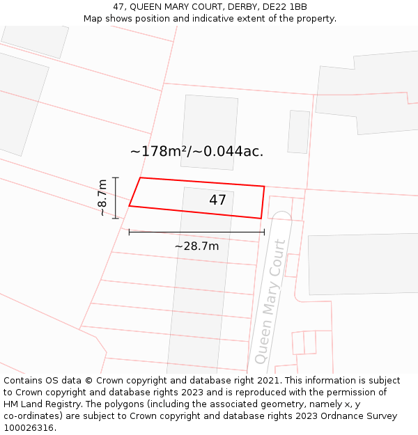 47, QUEEN MARY COURT, DERBY, DE22 1BB: Plot and title map