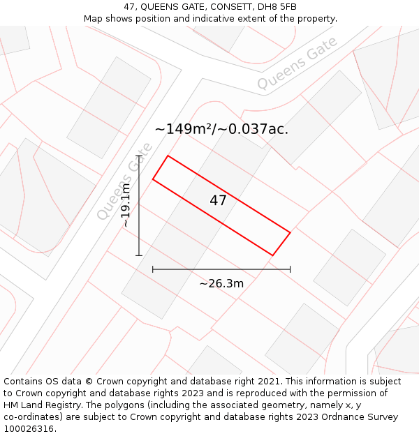 47, QUEENS GATE, CONSETT, DH8 5FB: Plot and title map