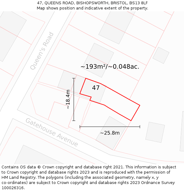 47, QUEENS ROAD, BISHOPSWORTH, BRISTOL, BS13 8LF: Plot and title map