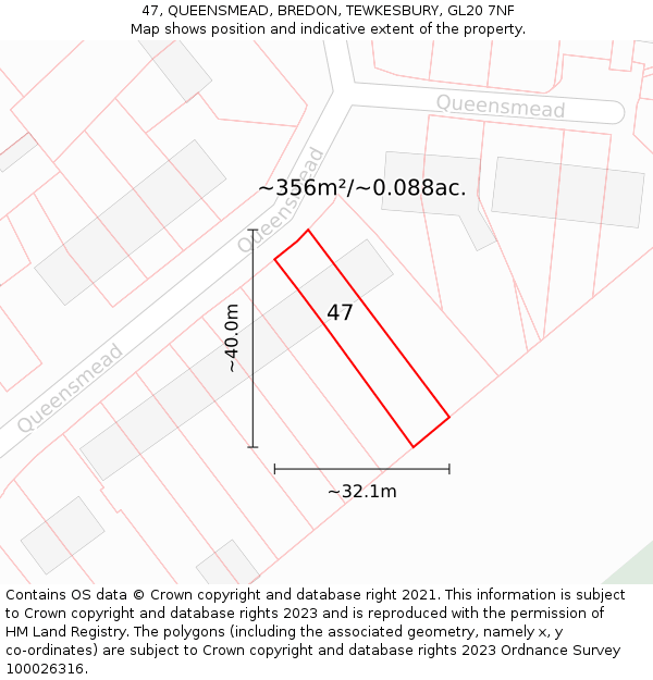 47, QUEENSMEAD, BREDON, TEWKESBURY, GL20 7NF: Plot and title map