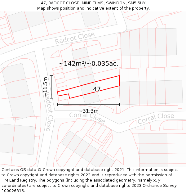 47, RADCOT CLOSE, NINE ELMS, SWINDON, SN5 5UY: Plot and title map