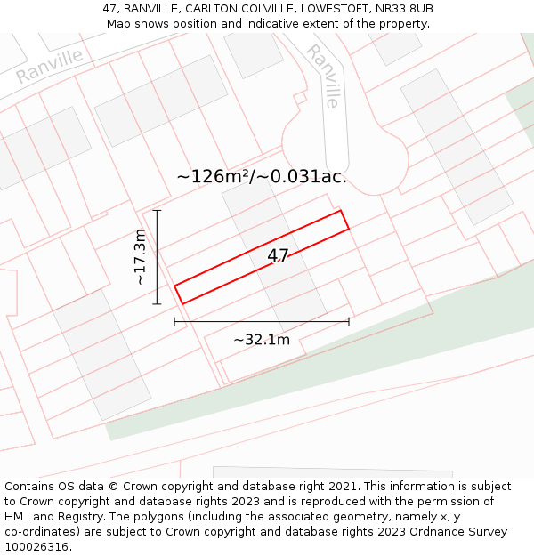 47, RANVILLE, CARLTON COLVILLE, LOWESTOFT, NR33 8UB: Plot and title map