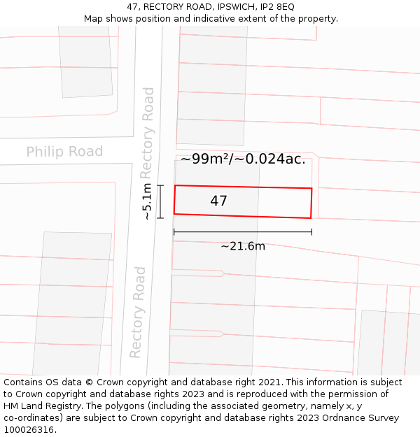 47, RECTORY ROAD, IPSWICH, IP2 8EQ: Plot and title map