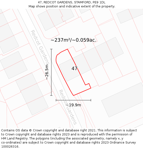 47, REDCOT GARDENS, STAMFORD, PE9 1DL: Plot and title map