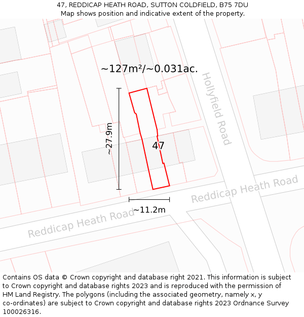 47, REDDICAP HEATH ROAD, SUTTON COLDFIELD, B75 7DU: Plot and title map