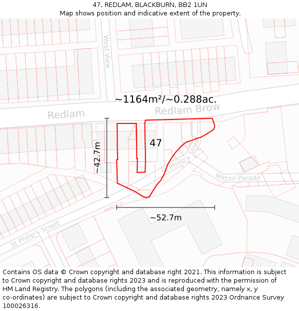 47, REDLAM, BLACKBURN, BB2 1UN: Plot and title map