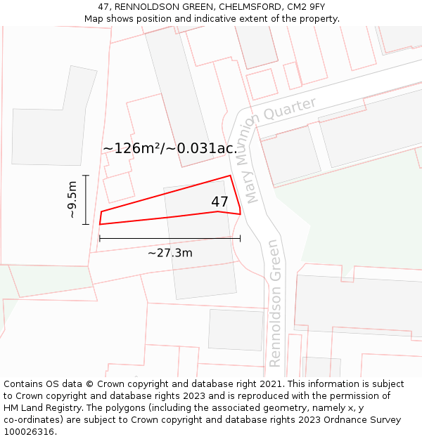 47, RENNOLDSON GREEN, CHELMSFORD, CM2 9FY: Plot and title map