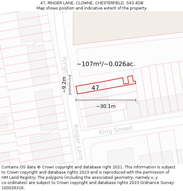 47, RINGER LANE, CLOWNE, CHESTERFIELD, S43 4DB: Plot and title map