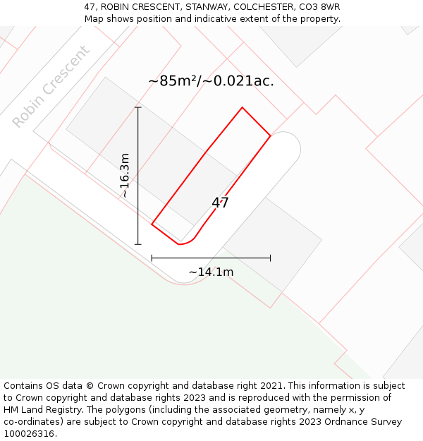 47, ROBIN CRESCENT, STANWAY, COLCHESTER, CO3 8WR: Plot and title map