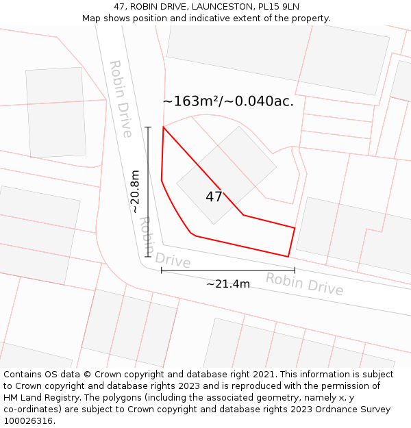 47, ROBIN DRIVE, LAUNCESTON, PL15 9LN: Plot and title map