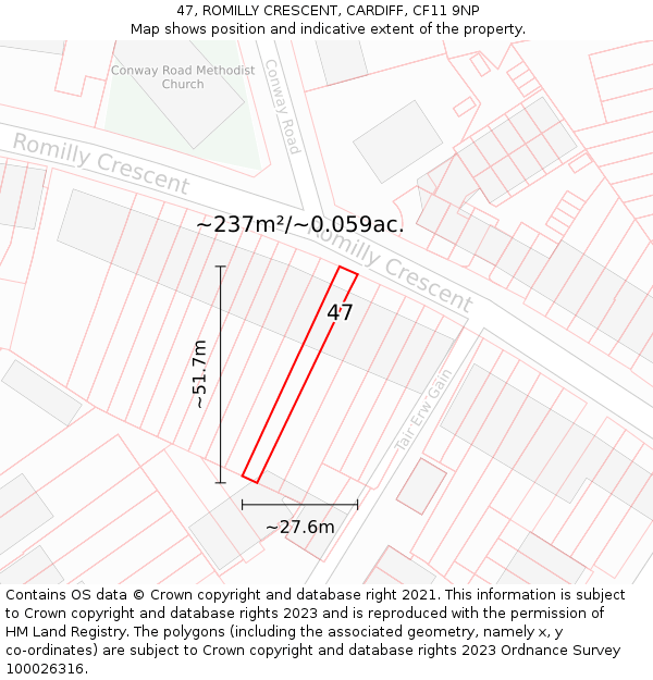 47, ROMILLY CRESCENT, CARDIFF, CF11 9NP: Plot and title map