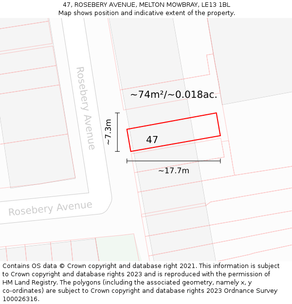 47, ROSEBERY AVENUE, MELTON MOWBRAY, LE13 1BL: Plot and title map