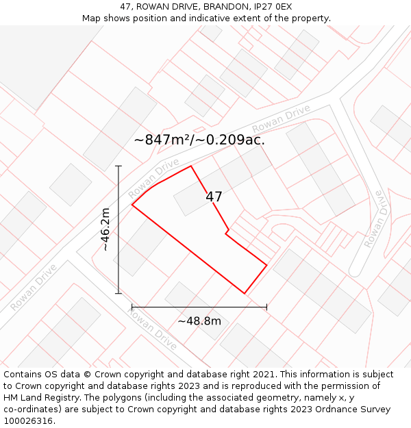 47, ROWAN DRIVE, BRANDON, IP27 0EX: Plot and title map