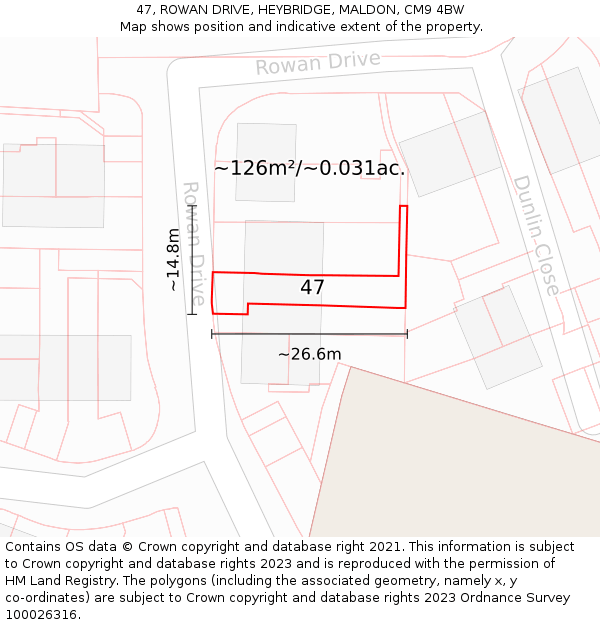 47, ROWAN DRIVE, HEYBRIDGE, MALDON, CM9 4BW: Plot and title map