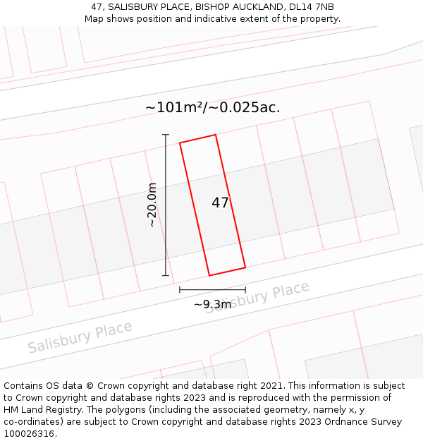47, SALISBURY PLACE, BISHOP AUCKLAND, DL14 7NB: Plot and title map